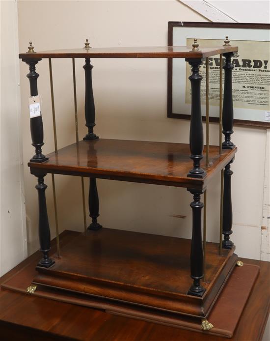 A 19th century mahogany and ebonised three-tier whatnot with brass mounts W.59cm